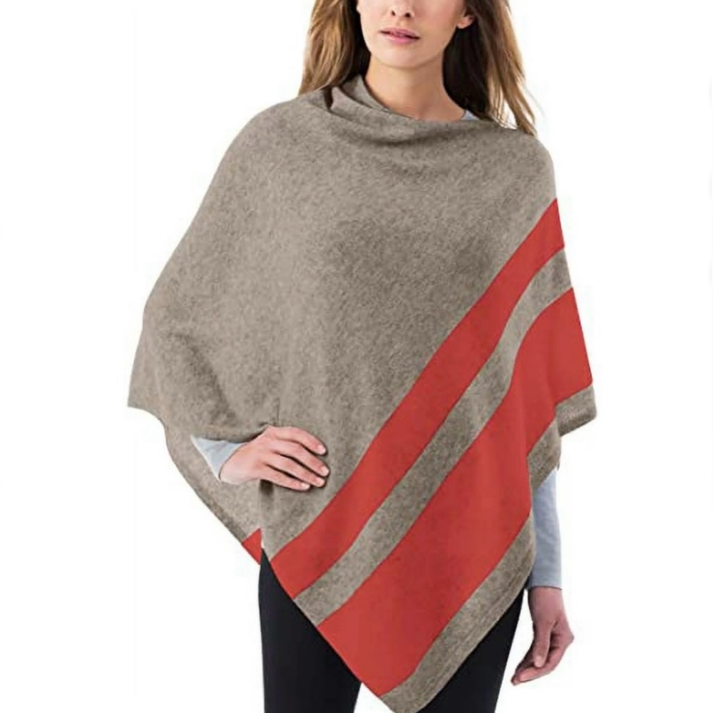 Celeste-Wool/Cashmere light white beige with orange stripes boho poncho.One Size